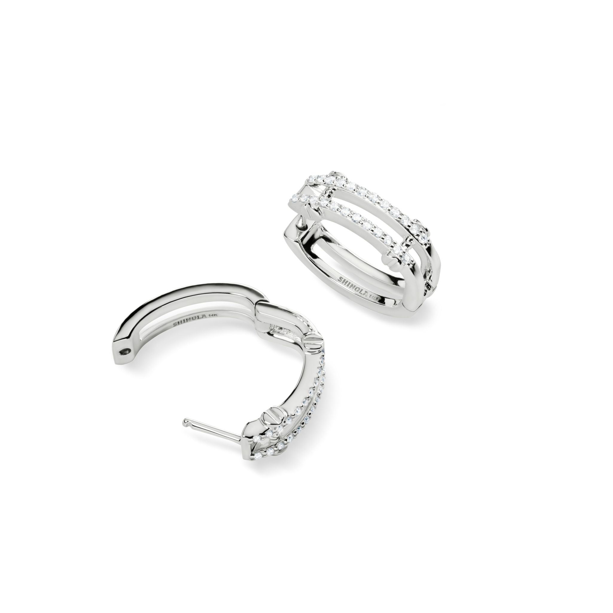 Diamond Pave Rivet Double Row Hoop Earrings - White Gold - Image 4