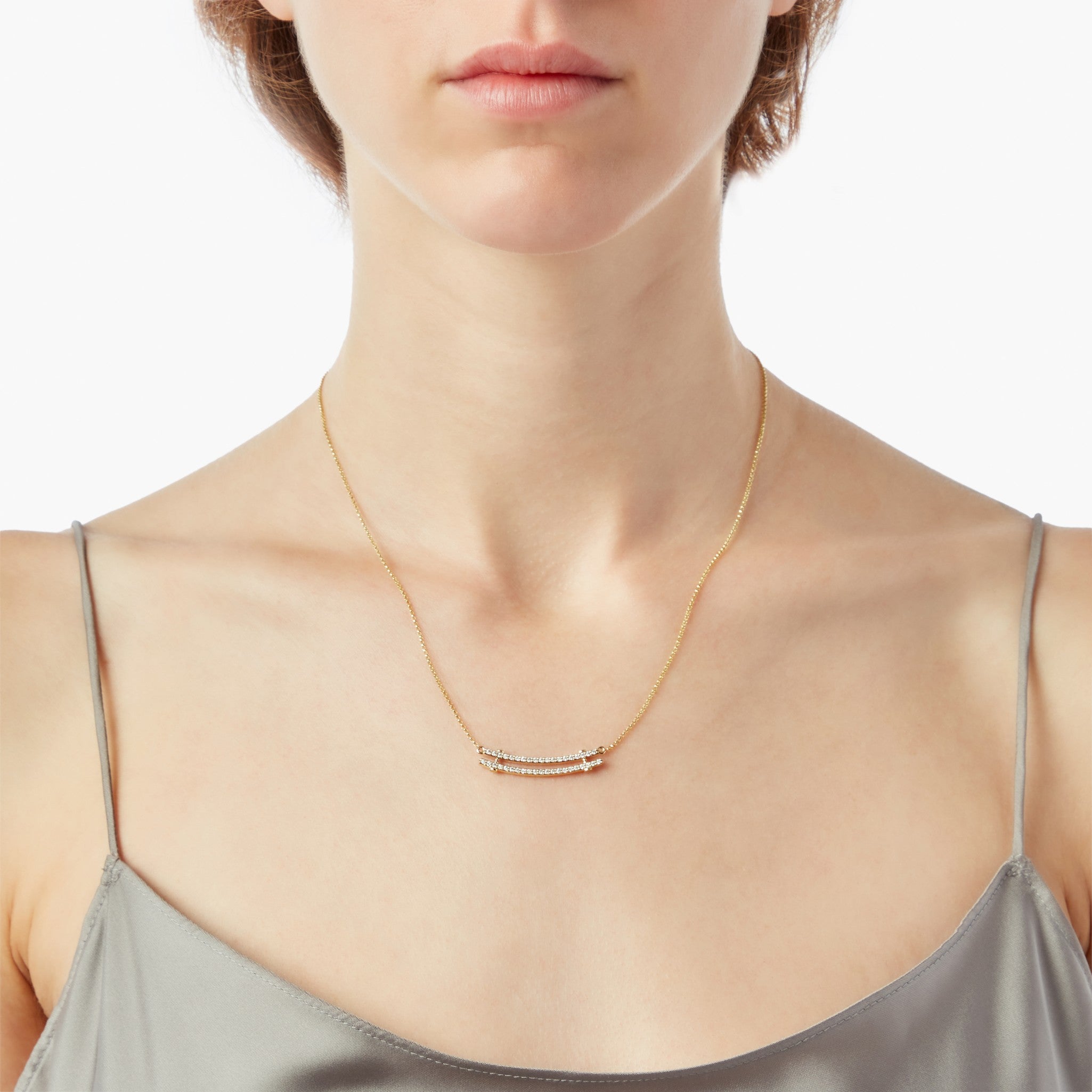 Diamond Pave Rivet Double Row Necklace - Yellow Gold - Image 2