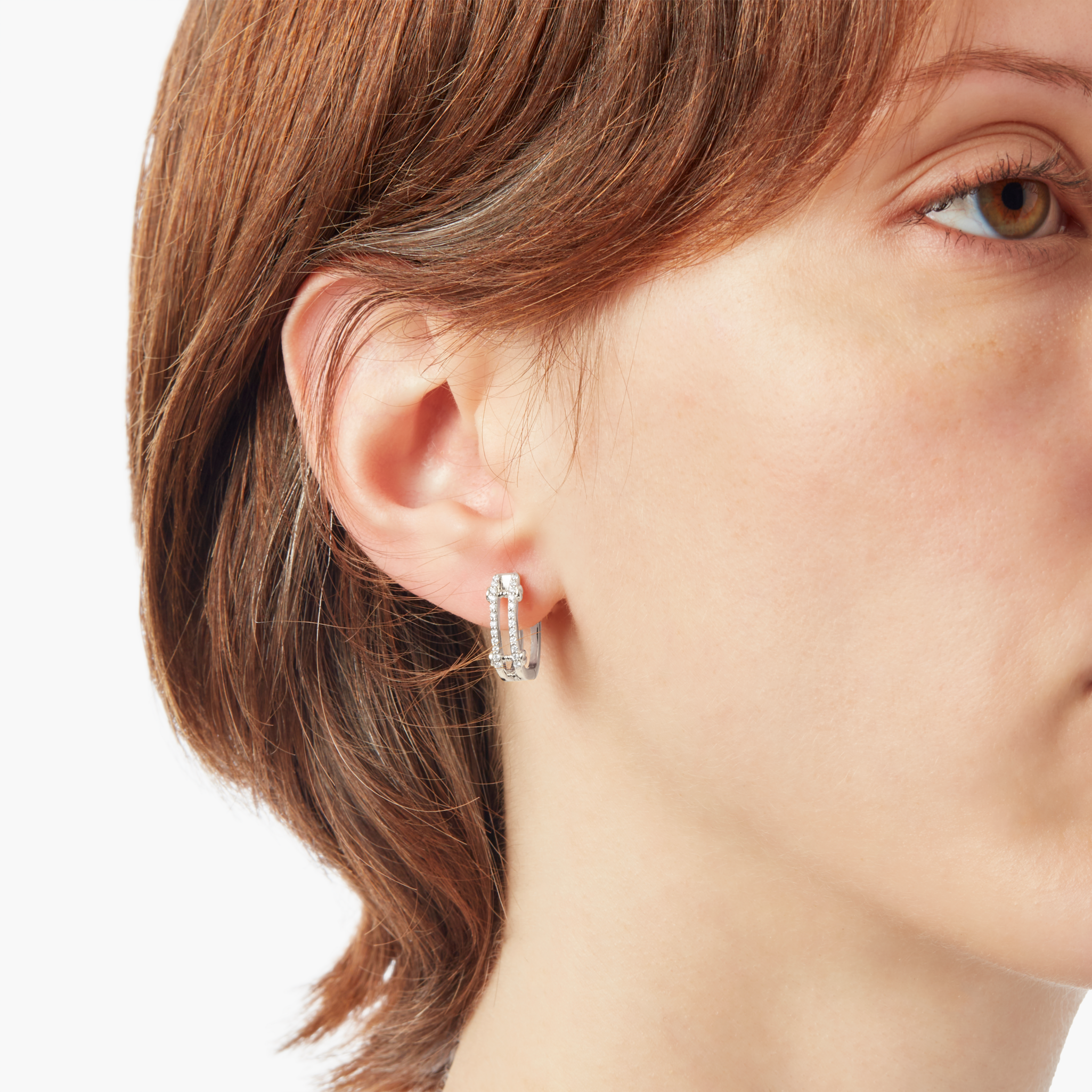 Diamond Pave Rivet Double Row Hoop Earrings - White Gold - Image 2